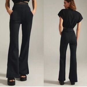Anthropologie Maeve Pull On Elastic Waistband Black Flare Split Hem Pants Medium